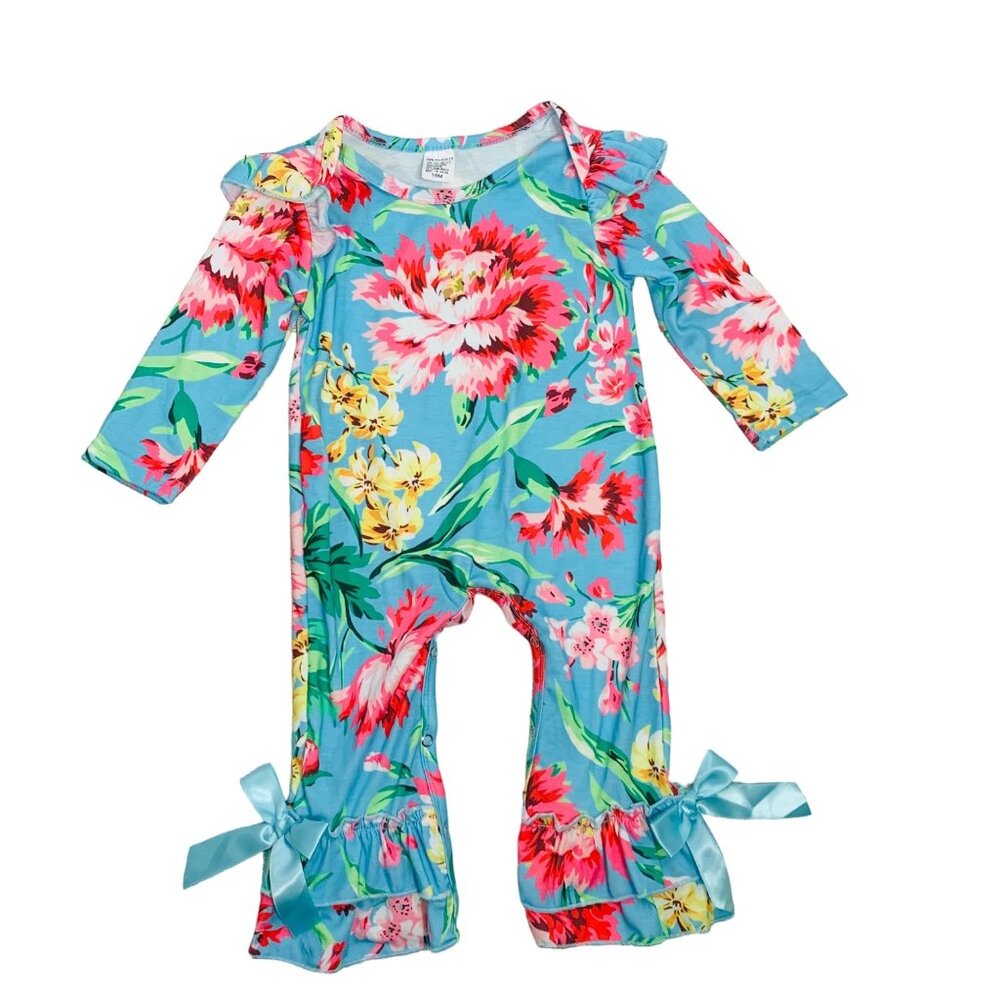 Tropical Floral Baby Romper Ruffle Sleeves Bow One Piece Size 18 Months